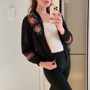 Silk floral embroidered bomber jacket